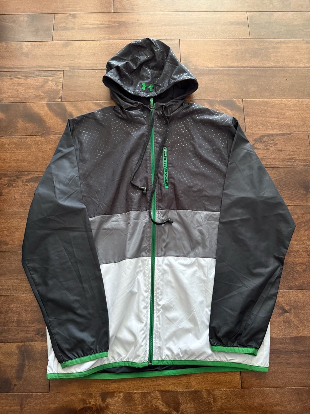 Under Armour Black, Gray & White Hooded Windbreaker with Green Accents